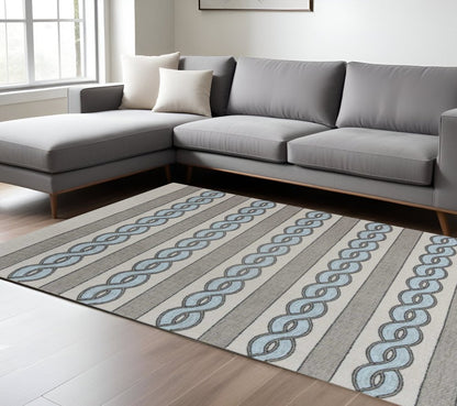 6' X 9' Ivory Light Blue And Gray Geometric Hand Hooked Area Rug