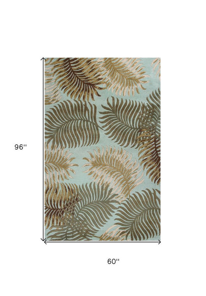8' Aqua And Brown Wool Botanical Leaves Hand Tufted Runner Rug