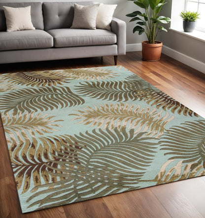 8' Aqua And Brown Wool Botanical Leaves Hand Tufted Runner Rug
