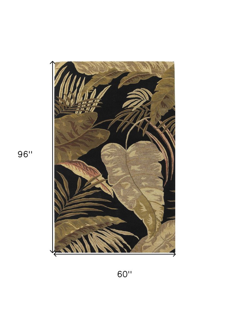 5' X 8' Black Beige And Brown Wool Botanical Leaves Hand Tufted Area Rug