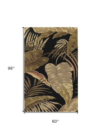 5' X 8' Black Beige And Brown Wool Botanical Leaves Hand Tufted Area Rug