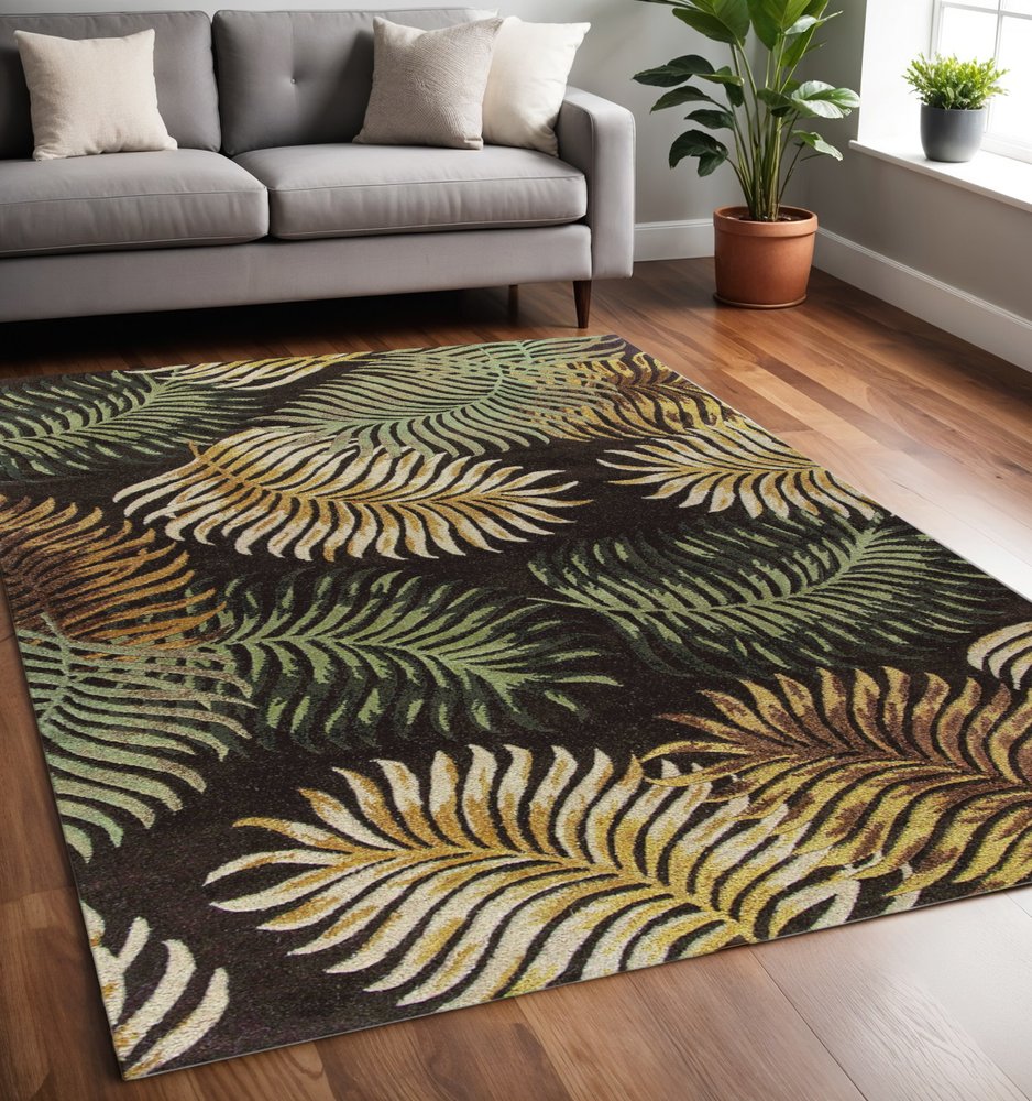 8' Espresso Beige And Green Wool Botanical Leaves Hand Tufted Runner Rug