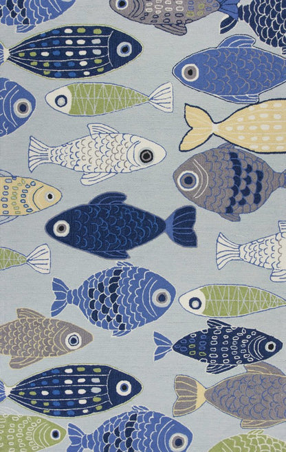7' X 9' Blue Ivory And Green Fish Hand Tufted Area Rug