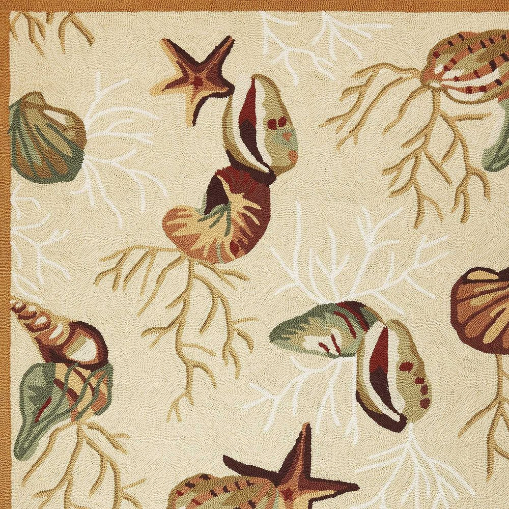 7' X 9' Beige Green And Brown Seashell and Coral Hand Tufted Area Rug