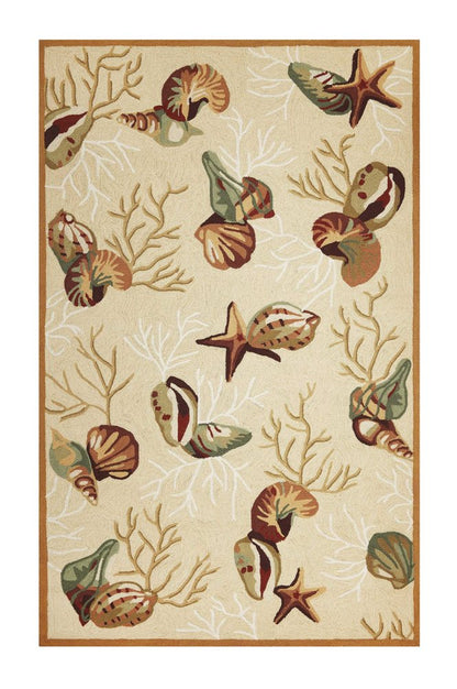 7' X 9' Beige Green And Brown Seashell and Coral Hand Tufted Area Rug
