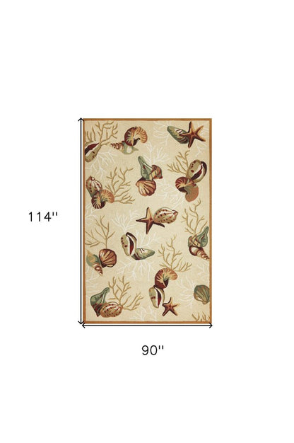 7' X 9' Beige Green And Brown Seashell and Coral Hand Tufted Area Rug