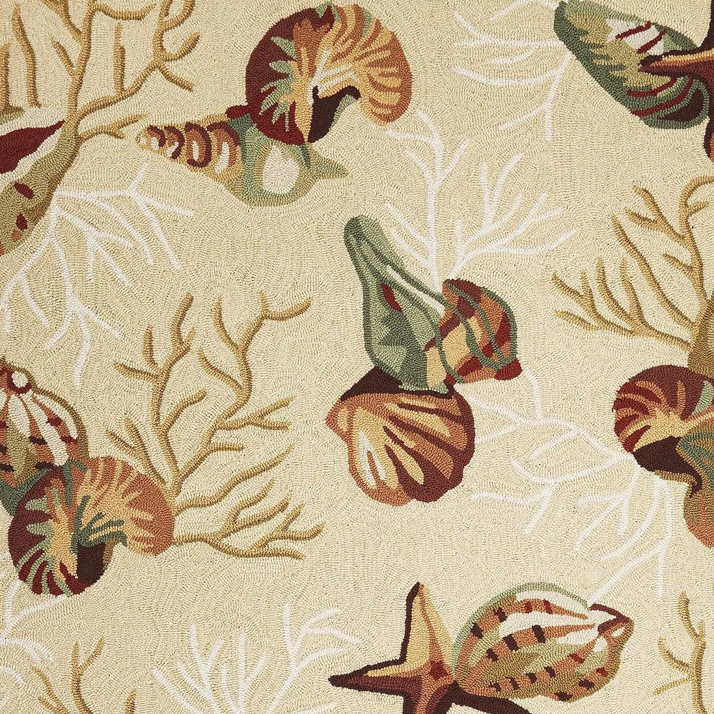 7' X 9' Beige Green And Brown Seashell and Coral Hand Tufted Area Rug