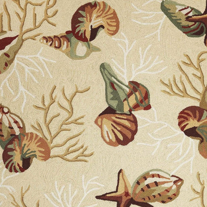 7' X 9' Beige Green And Brown Seashell and Coral Hand Tufted Area Rug