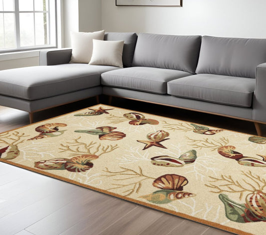 7' X 9' Beige Green And Brown Seashell and Coral Hand Tufted Area Rug