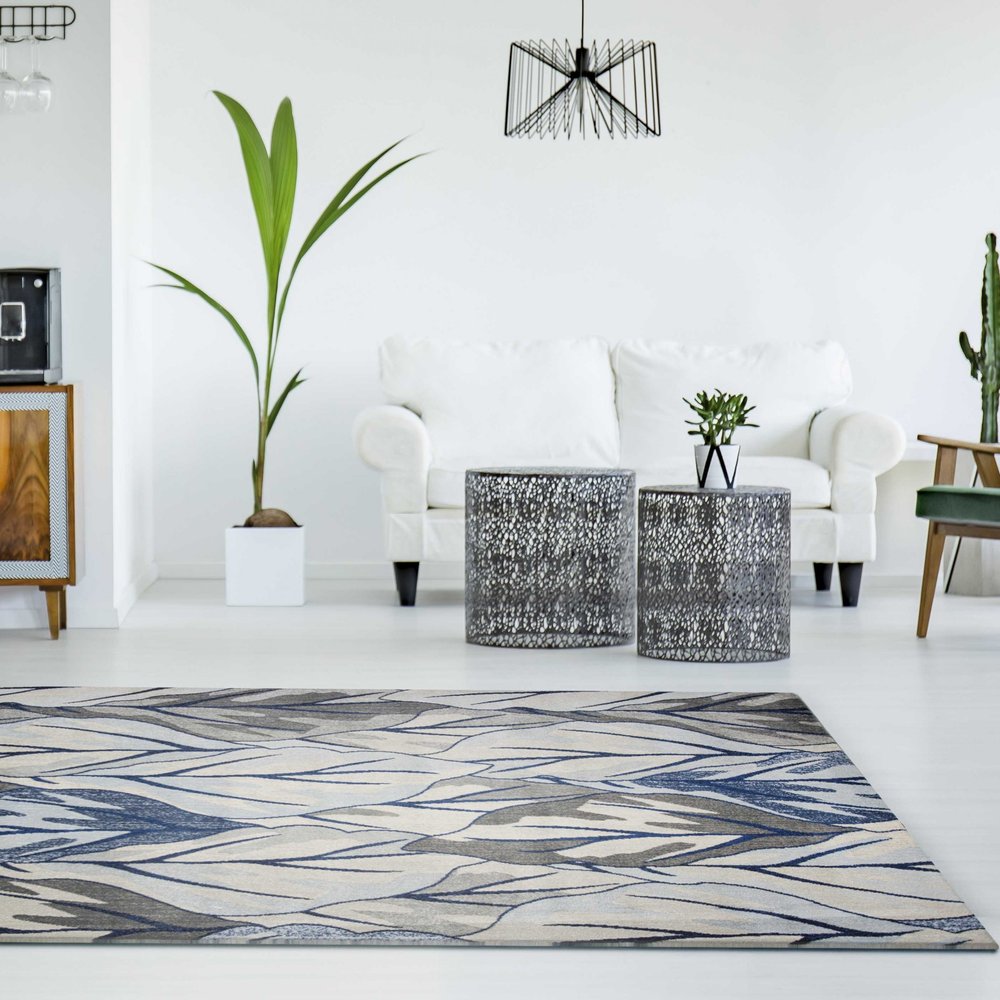 8' X 11' Gray And Navy Blue Botanical Leaves Area Rug