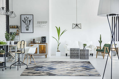 8' X 11' Gray And Navy Blue Botanical Leaves Area Rug