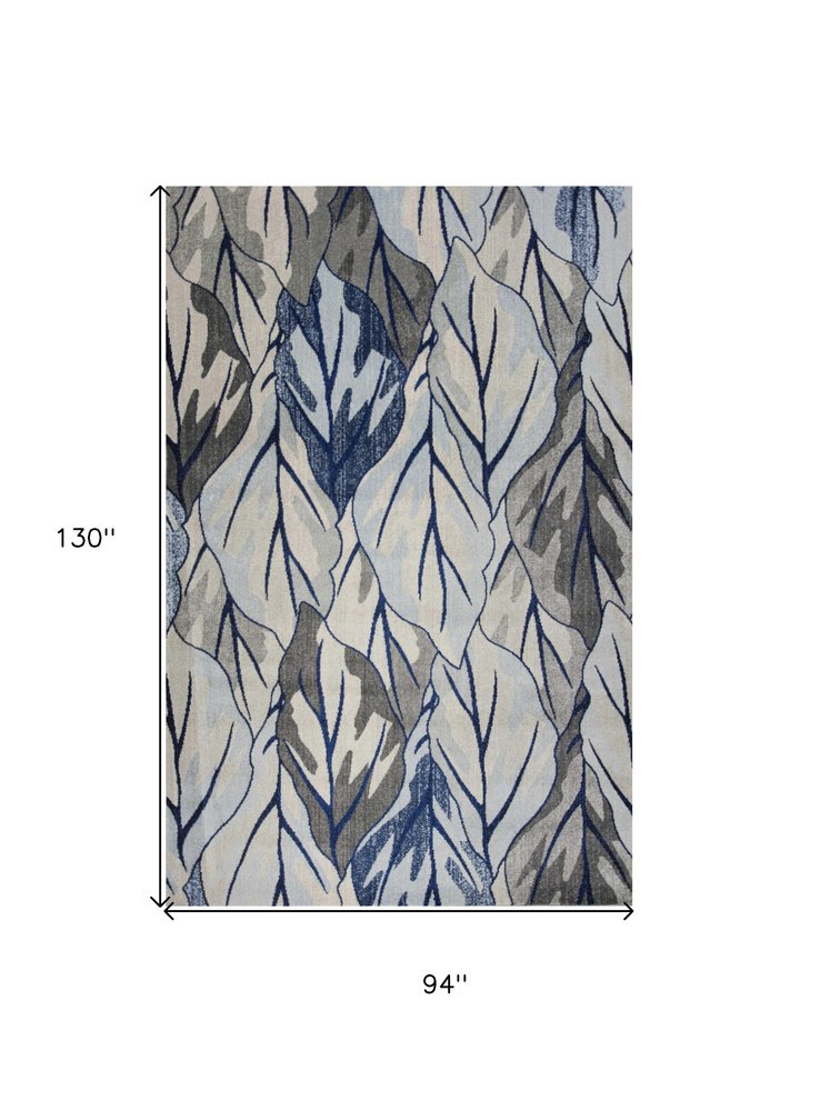 8' X 11' Gray And Navy Blue Botanical Leaves Area Rug