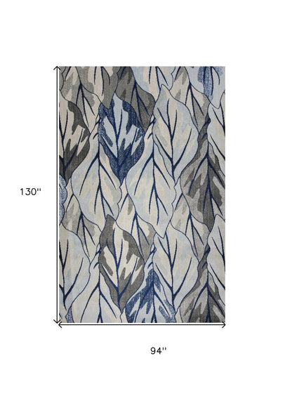 8' X 11' Gray And Navy Blue Botanical Leaves Area Rug