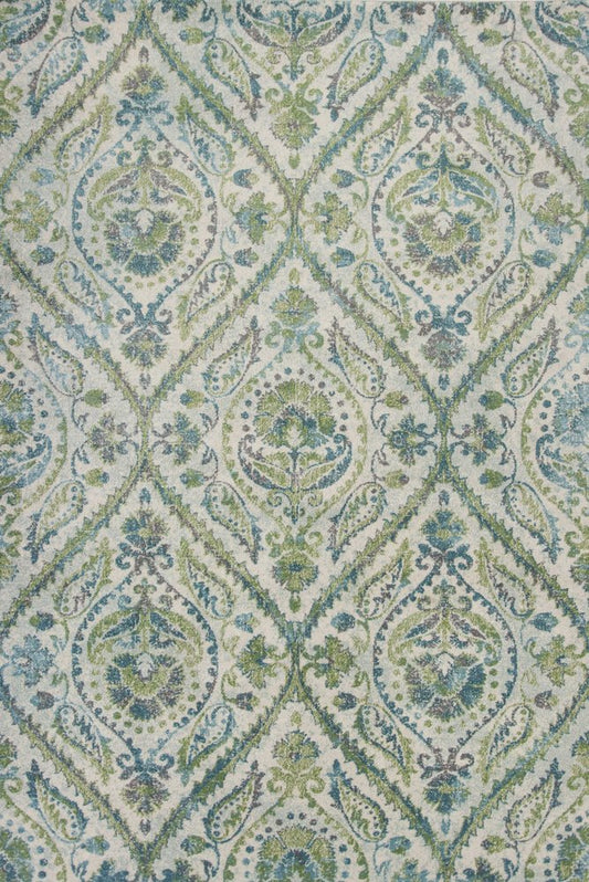 7' X 10' Green Ivory And Teal Medallion Area Rug