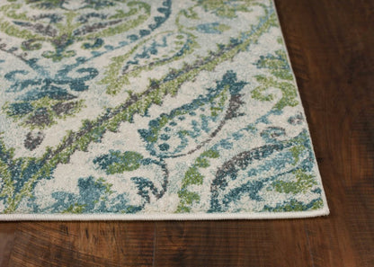 7' X 10' Green Ivory And Teal Medallion Area Rug