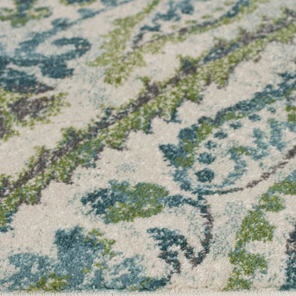 7' X 10' Green Ivory And Teal Medallion Area Rug