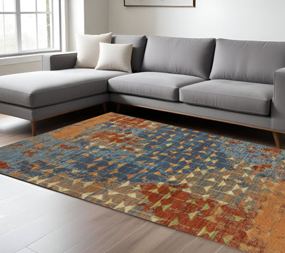 7' X 10' Blue Red And Orange Abstract Area Rug