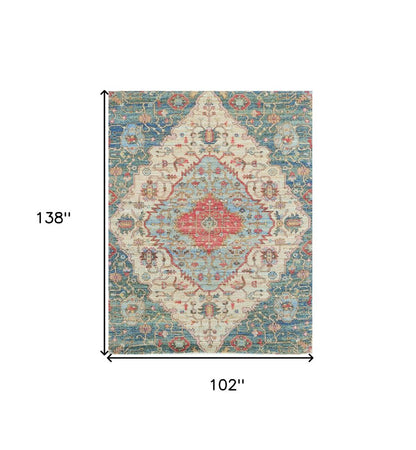 7' X 12' Blue Beige And Brick Red Jute Medallion Handmade Area Rug