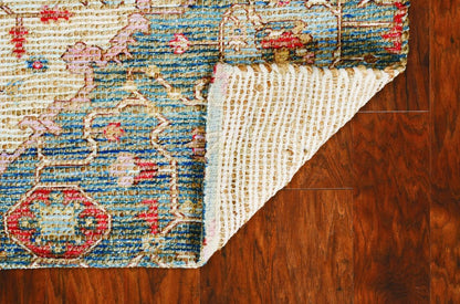 7' X 12' Blue Beige And Brick Red Jute Medallion Handmade Area Rug