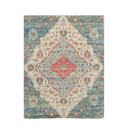7' X 12' Blue Beige And Brick Red Jute Medallion Handmade Area Rug