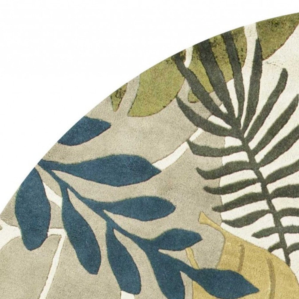 7' Ivory Green And Blue Wool Botanical Leaves Hand Tufted Round Rug