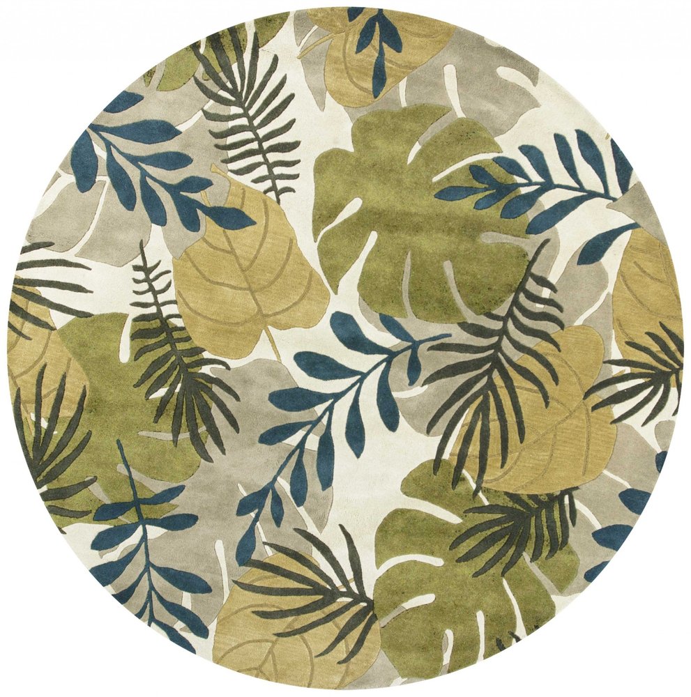 7' Ivory Green And Blue Wool Botanical Leaves Hand Tufted Round Rug