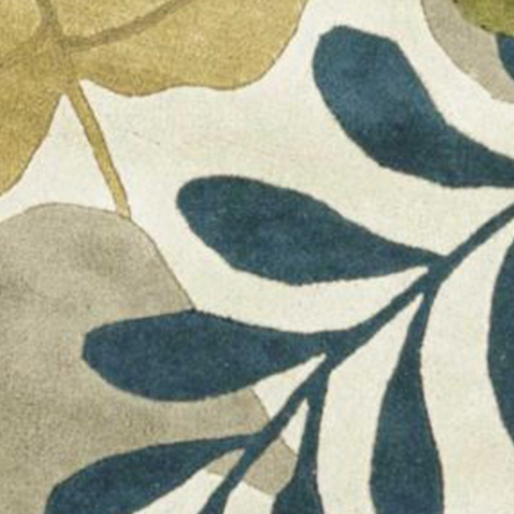 7' Ivory Green And Blue Wool Botanical Leaves Hand Tufted Round Rug