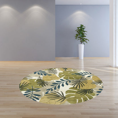 7' Ivory Green And Blue Wool Botanical Leaves Hand Tufted Round Rug