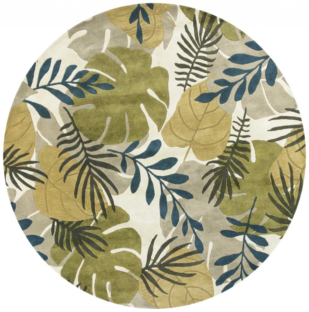 7' Ivory Green And Blue Wool Botanical Leaves Hand Tufted Round Rug