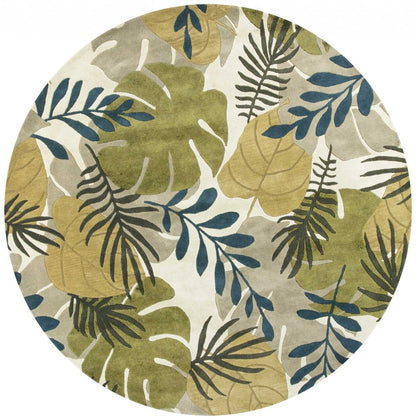 7' Ivory Green And Blue Wool Botanical Leaves Hand Tufted Round Rug