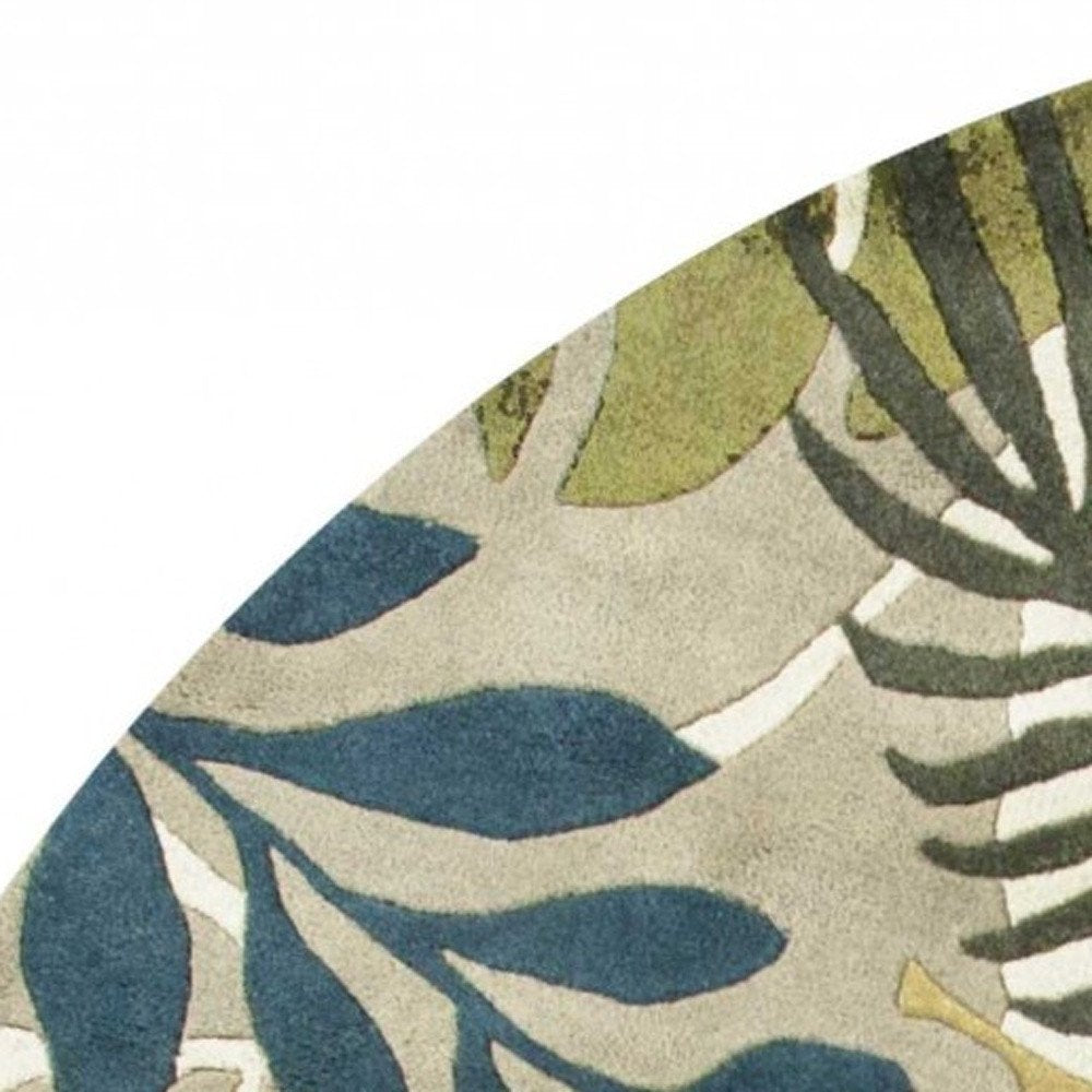 7' Ivory Green And Blue Wool Botanical Leaves Hand Tufted Round Rug