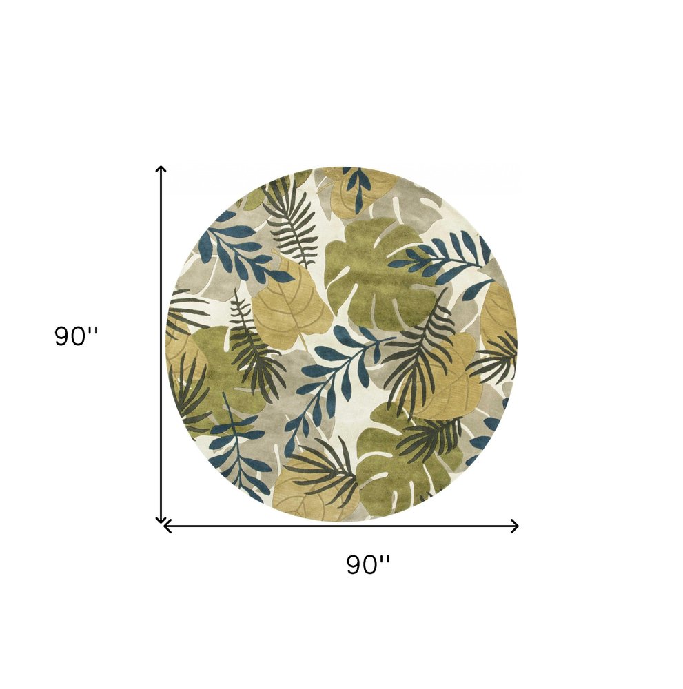 7' Ivory Green And Blue Wool Botanical Leaves Hand Tufted Round Rug