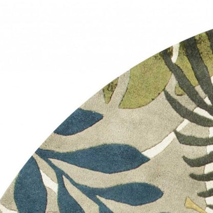7' Ivory Green And Blue Wool Botanical Leaves Hand Tufted Round Rug