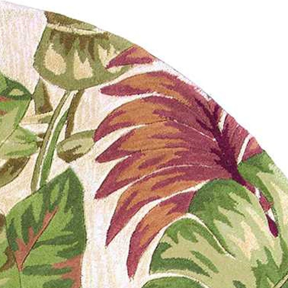 7' Beige Green And Pink Wool Botanical Leaves Hand Tufted Round Rug