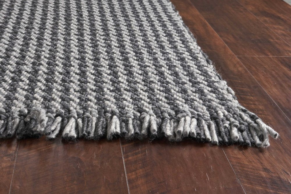 9' X 12' Gray And Light Gray Wool Houndstooth Hand Woven Area Rug With Fringe
