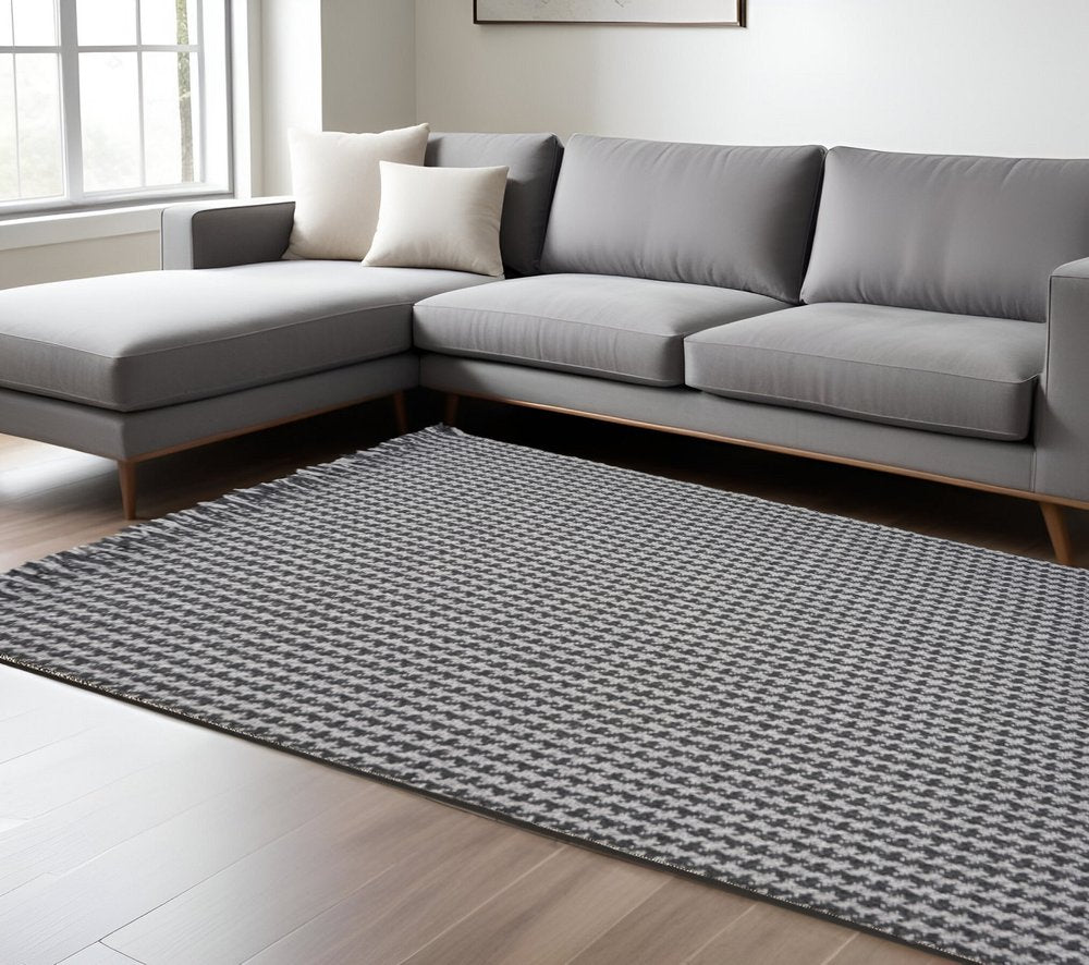 9' X 12' Gray And Light Gray Wool Houndstooth Hand Woven Area Rug With Fringe