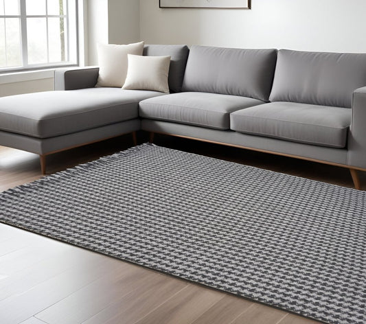 9' X 12' Gray And Light Gray Wool Houndstooth Hand Woven Area Rug With Fringe