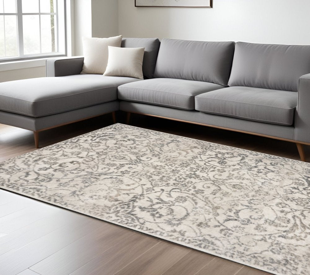 8' Ivory And Brown Floral Medallion Runner Rug