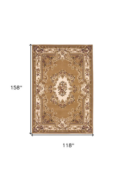 10' X 13' Beige Ivory And Brown Floral Medallion Area Rug
