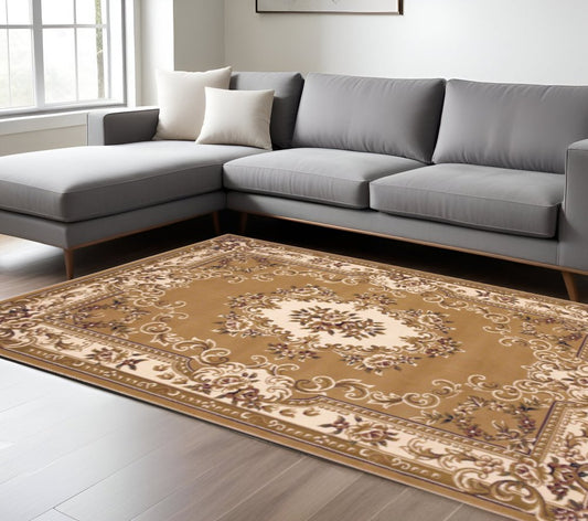 10' X 13' Beige Ivory And Brown Floral Medallion Area Rug