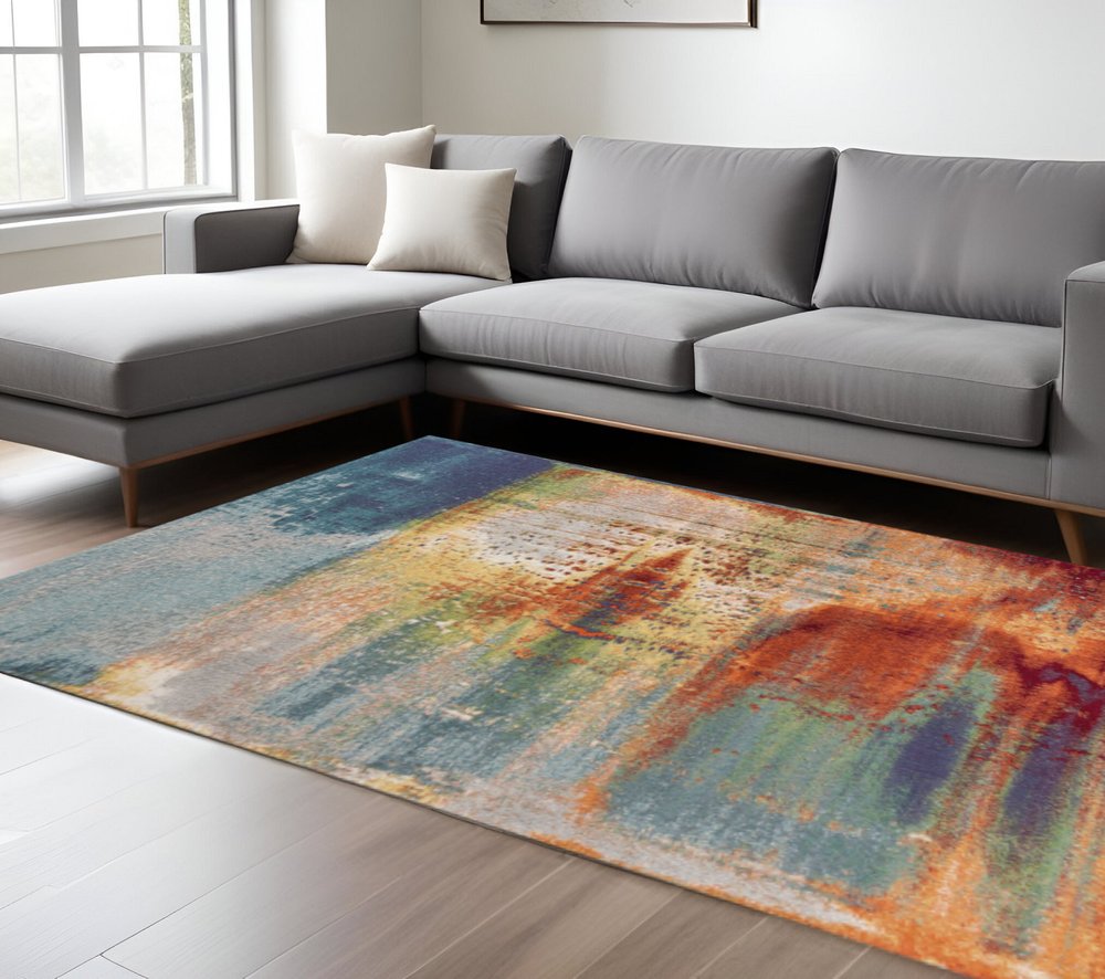 8' X 11' Blue Rust And Orange Abstract Area Rug