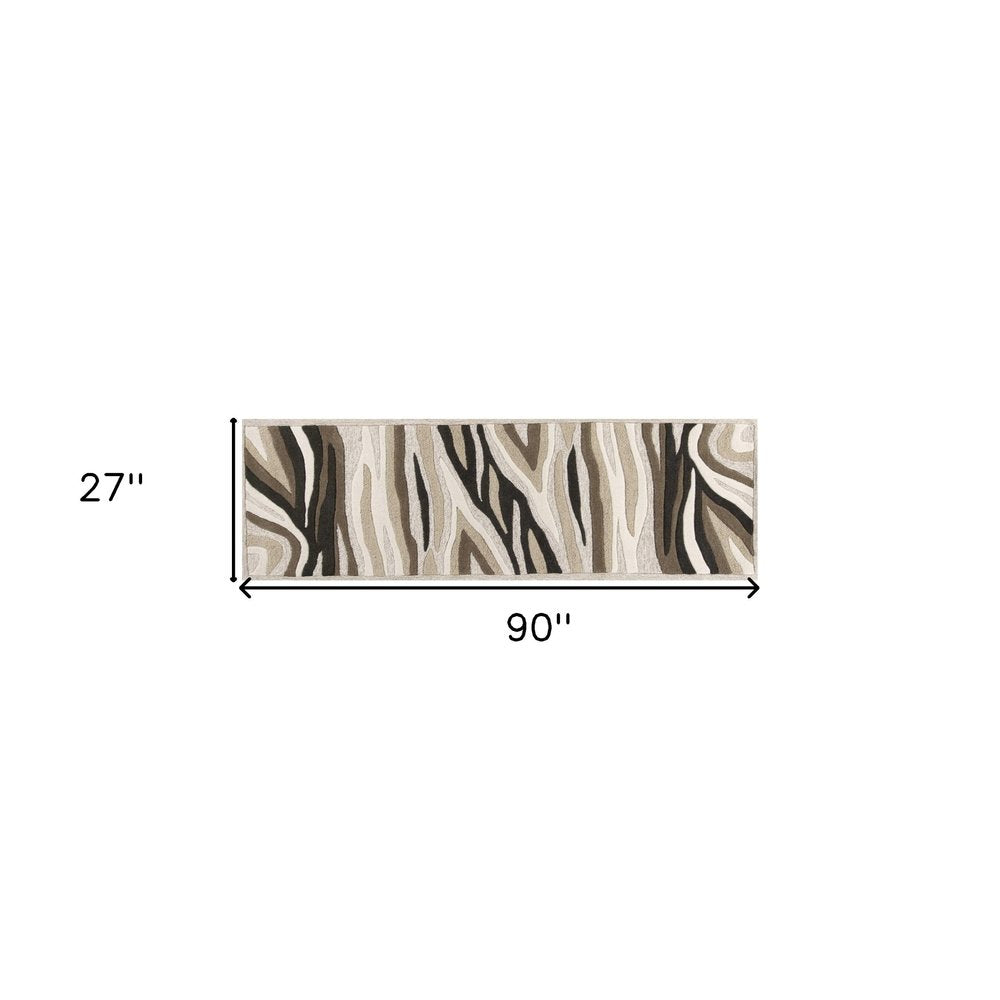 7' Beige Ivory And Black Wool Abstract Hand Tufted Runner Rug
