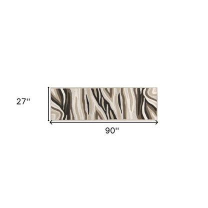 7' Beige Ivory And Black Wool Abstract Hand Tufted Runner Rug