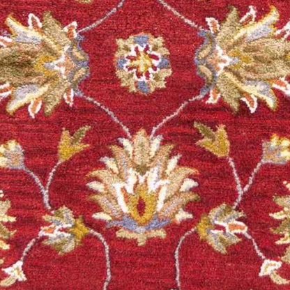 7' Red Ivory And Brown Wool Floral Hand Tufted Runner Rug