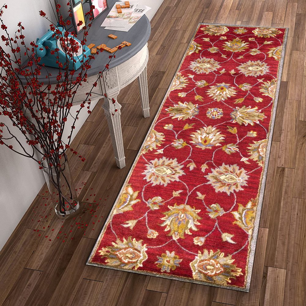 7' Red Ivory And Brown Wool Floral Hand Tufted Runner Rug