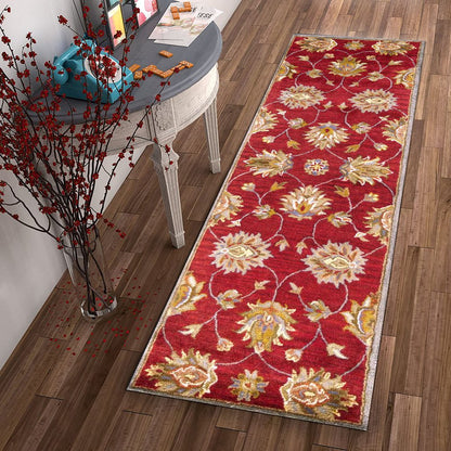 7' Red Ivory And Brown Wool Floral Hand Tufted Runner Rug