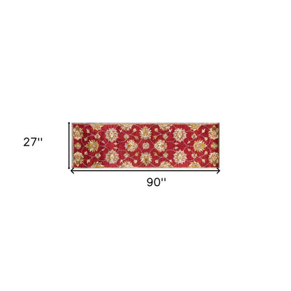 7' Red Ivory And Brown Wool Floral Hand Tufted Runner Rug