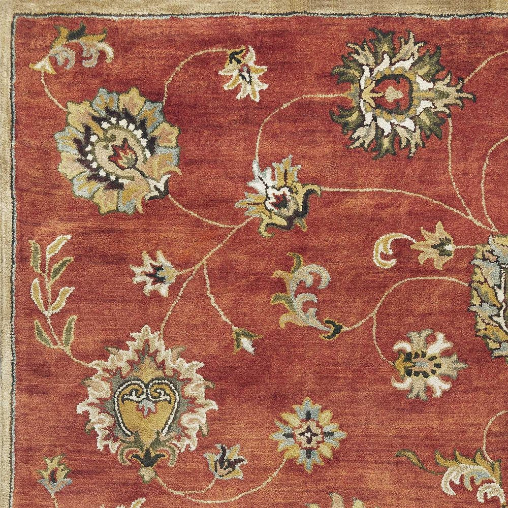 3' X 5' Sienna Gold And Green New Zealand Lambs Wool Floral Vines Hand Tufted Area Rug