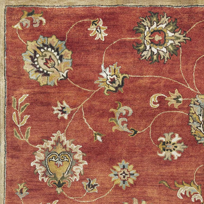 3' X 5' Sienna Gold And Green New Zealand Lambs Wool Floral Vines Hand Tufted Area Rug