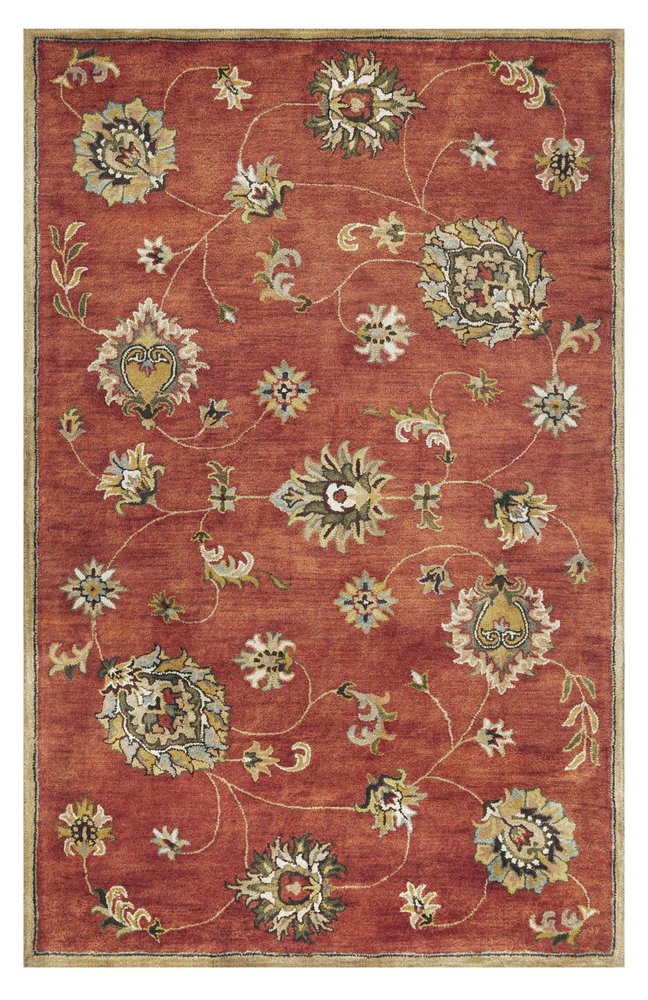 3' X 5' Sienna Gold And Green New Zealand Lambs Wool Floral Vines Hand Tufted Area Rug